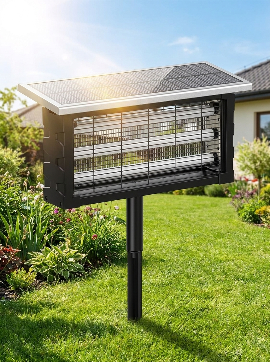 Solar Mosquito Killer Lamp charging in sunny backyard garden during the day