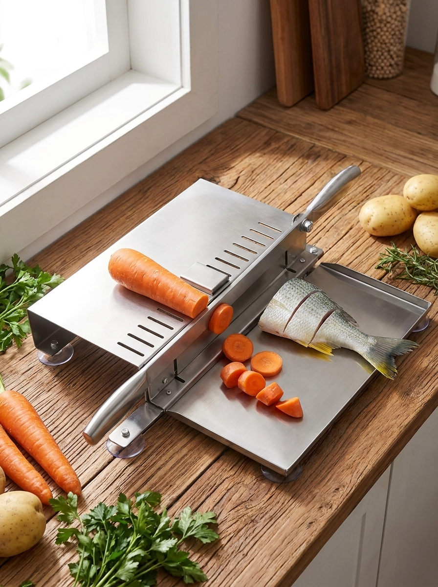 Manual Meat Cleaver Slicer in use slicing carrot and fish