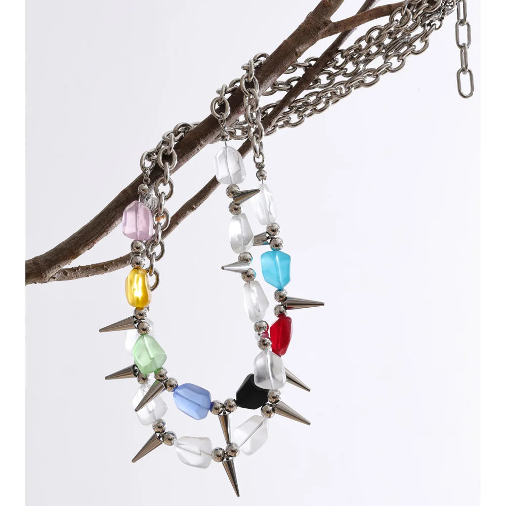 2026 Arrivals Stainless Steel Colorful Acrylic Rivet Drop Necklace Hip-Hop Nightclub Party Wear Unisex Jewelry