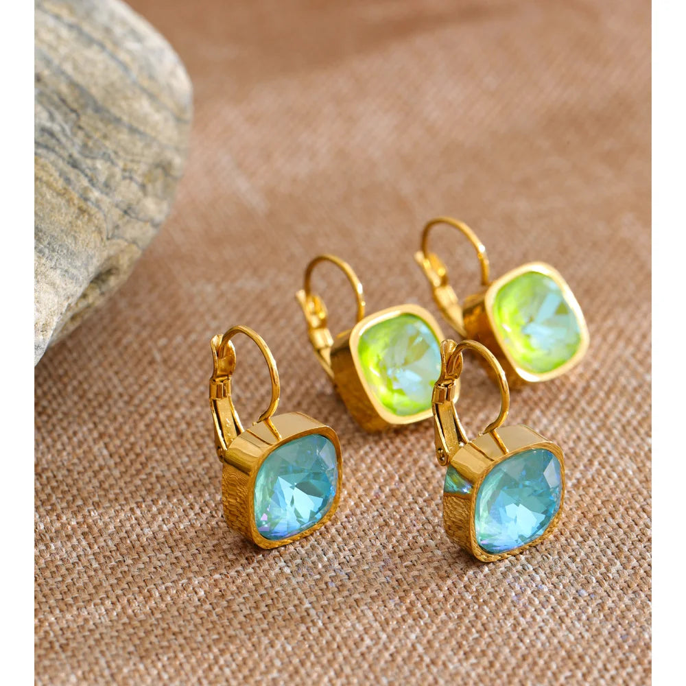 Stainless Steel Multi-Color Square Crystal Hoop Earrings PVD Plated Y2K Candy Fashion Waterproof Jewelry 2026 New Arrivals