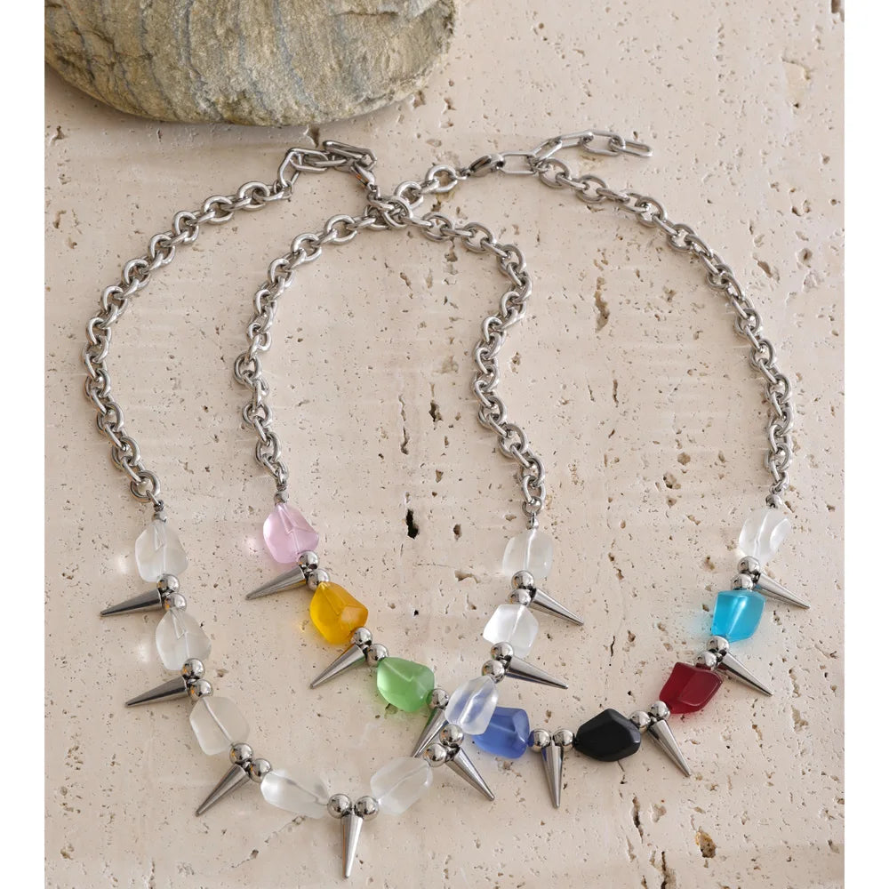 2026 Arrivals Stainless Steel Colorful Acrylic Rivet Drop Necklace Hip-Hop Nightclub Party Wear Unisex Jewelry