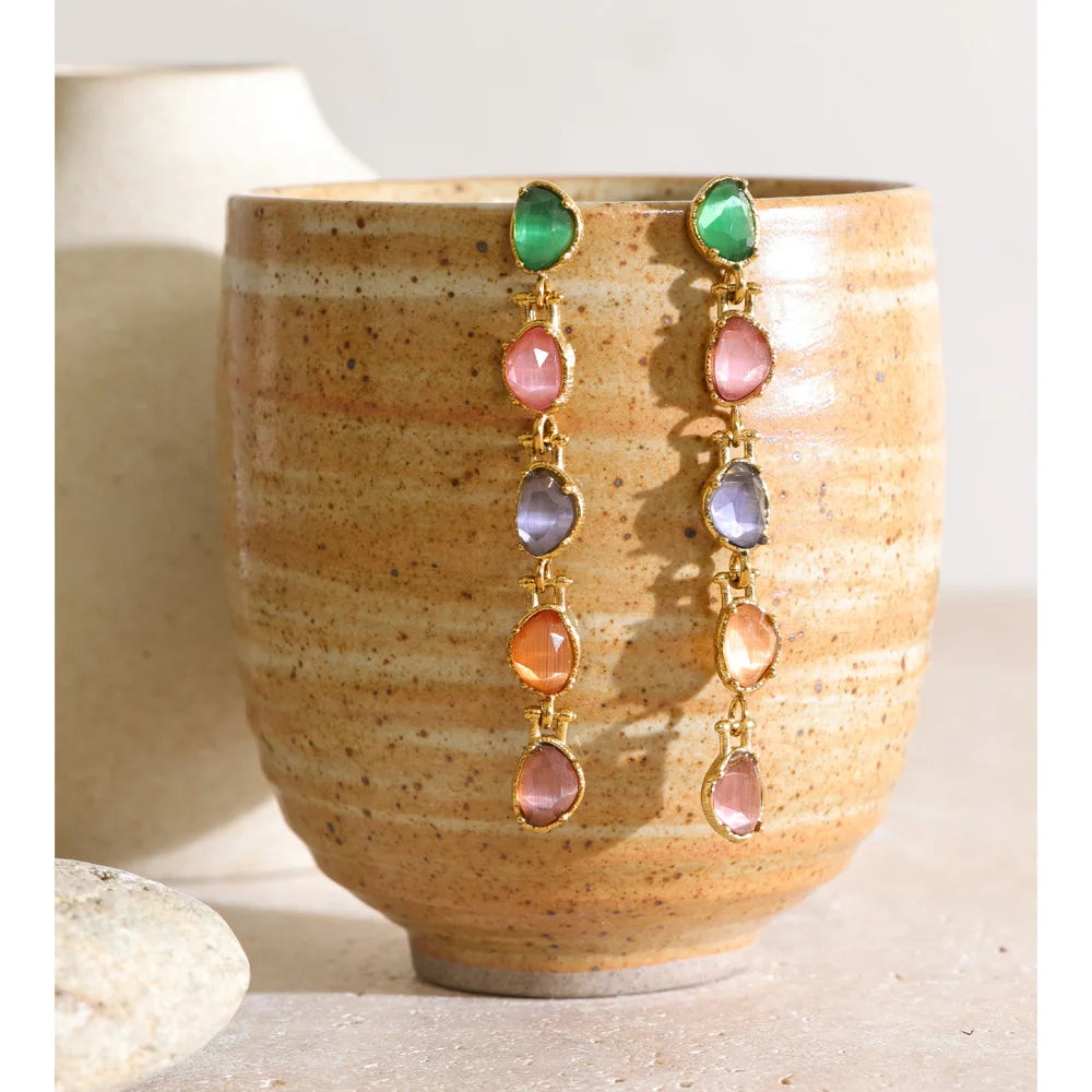 Stainless Steel Multicolor Stone Dangle Earrings 18K Gold Color PVD Plated Long Exquisite Charm Jewelry