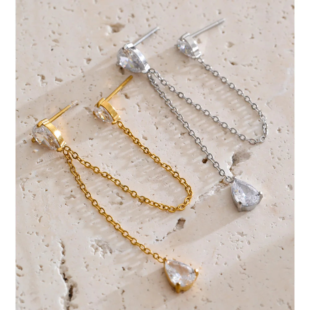 1PC Stainless Steel Cubic Zirconia Chain Drop Earrings High Quality Dainty Fashion Prom Jewelry Waterproofs