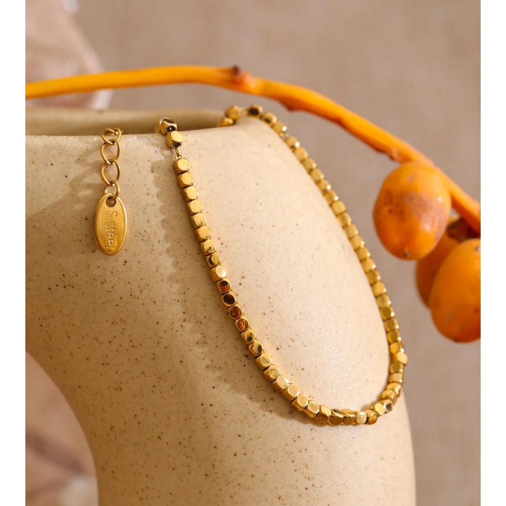 Stainless Steel Polished Square Beads Chain Bracelet Bangle for Women Trendy Handmade Fashion Wrist Jewelry Accessories