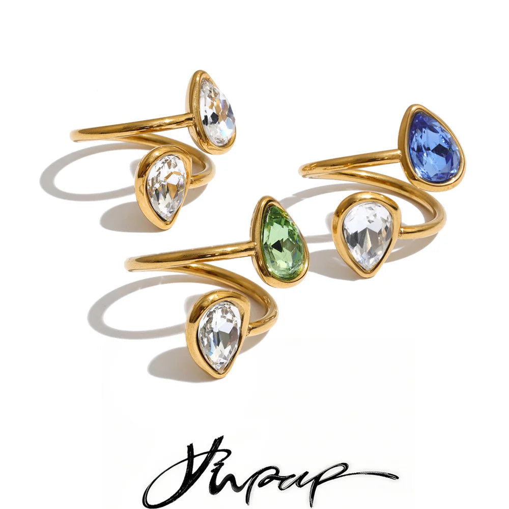 Stainless Steel Adjustable Open Rings Water Drop Cubic Zirconia PVD Plated Trendy Finger Jewelry Accessories