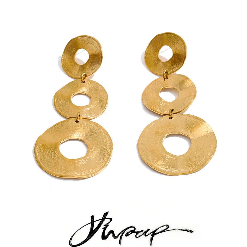 Stainless Steel Metal round Hollow Long Drop Earrings 18K Gold Color PVD Plated Daily Fashion Charm Jewelry Wholesale