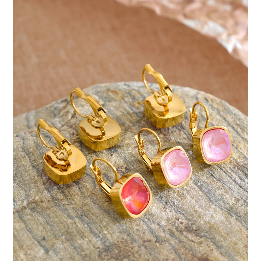 Stainless Steel Multi-Color Square Crystal Hoop Earrings PVD Plated Y2K Candy Fashion Waterproof Jewelry 2026 New Arrivals