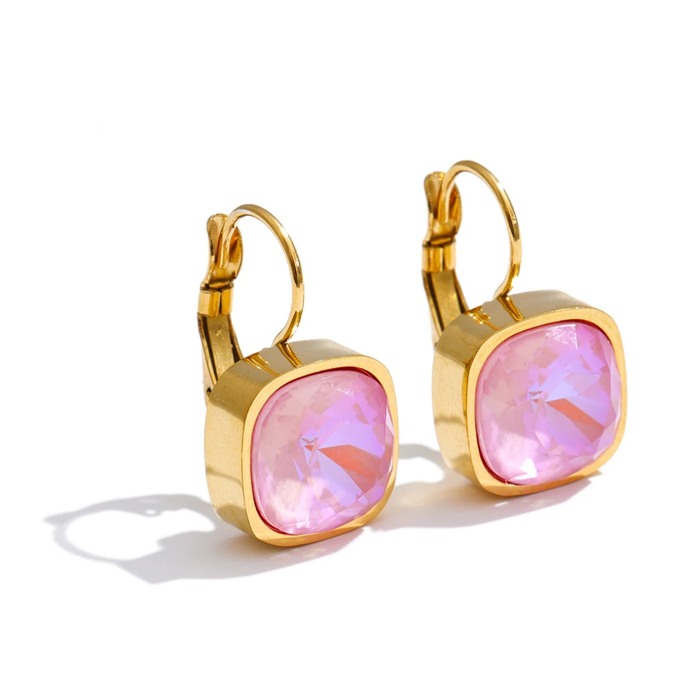 Stainless Steel Multi-Color Square Crystal Hoop Earrings PVD Plated Y2K Candy Fashion Waterproof Jewelry 2026 New Arrivals