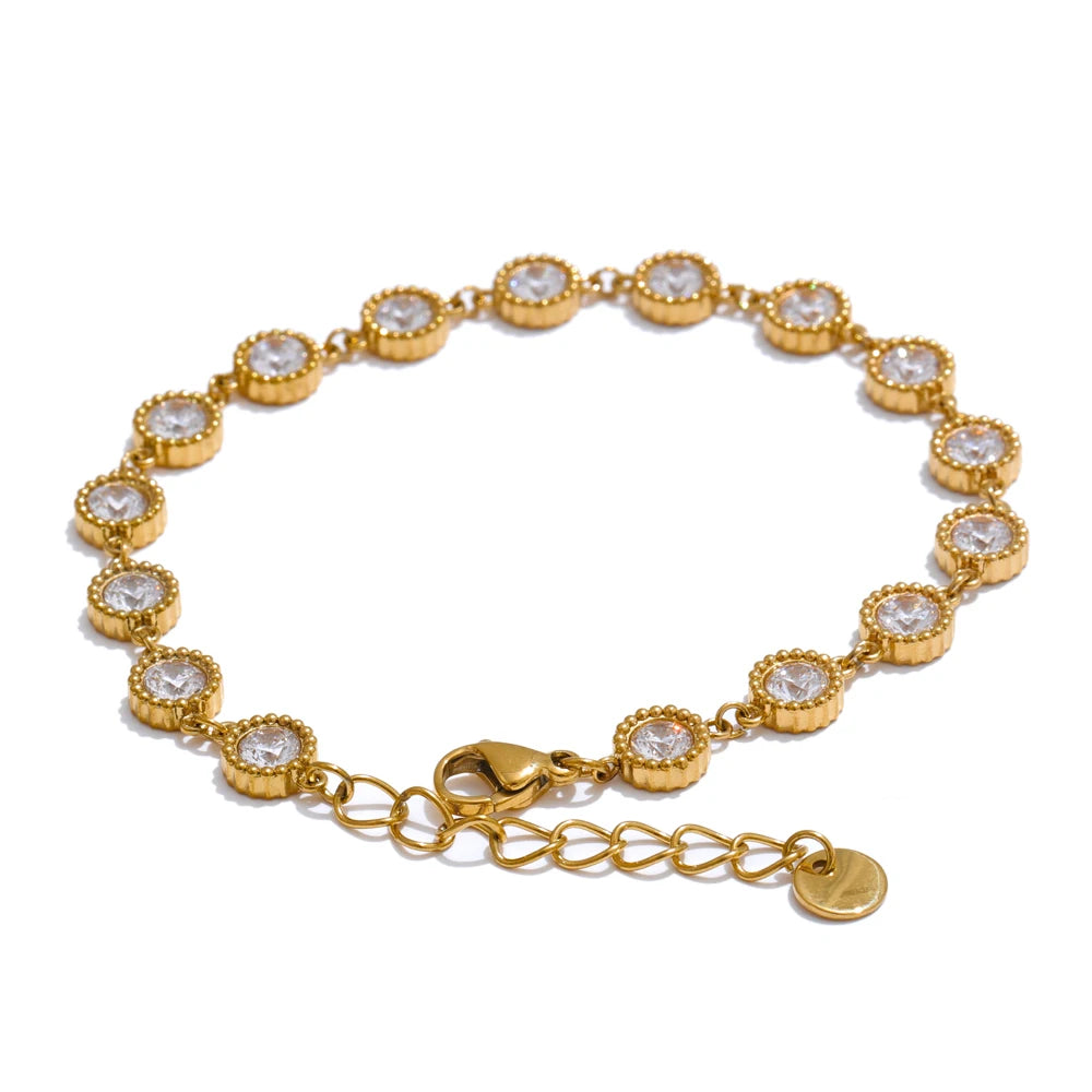 Delicate Stainless Steel Shiny Cubic Zirconia round Chain Bracelet Bangle Earrings High Quality Temperament Jewelry Gift