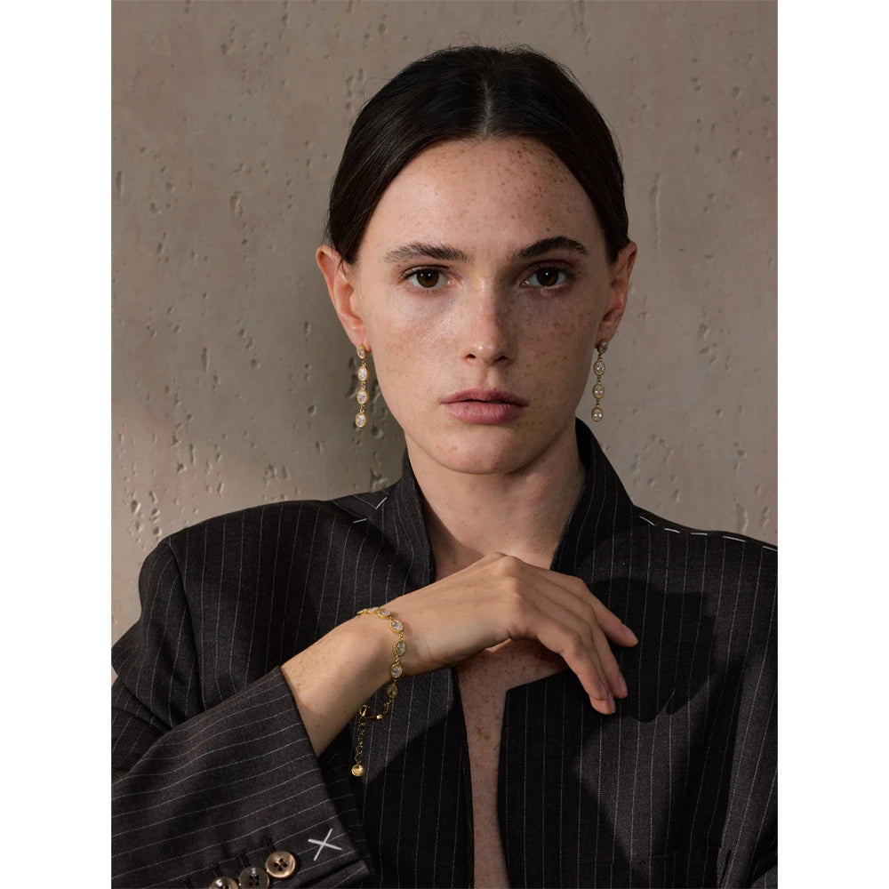 Delicate Stainless Steel Shiny Cubic Zirconia round Chain Bracelet Bangle Earrings High Quality Temperament Jewelry Gift