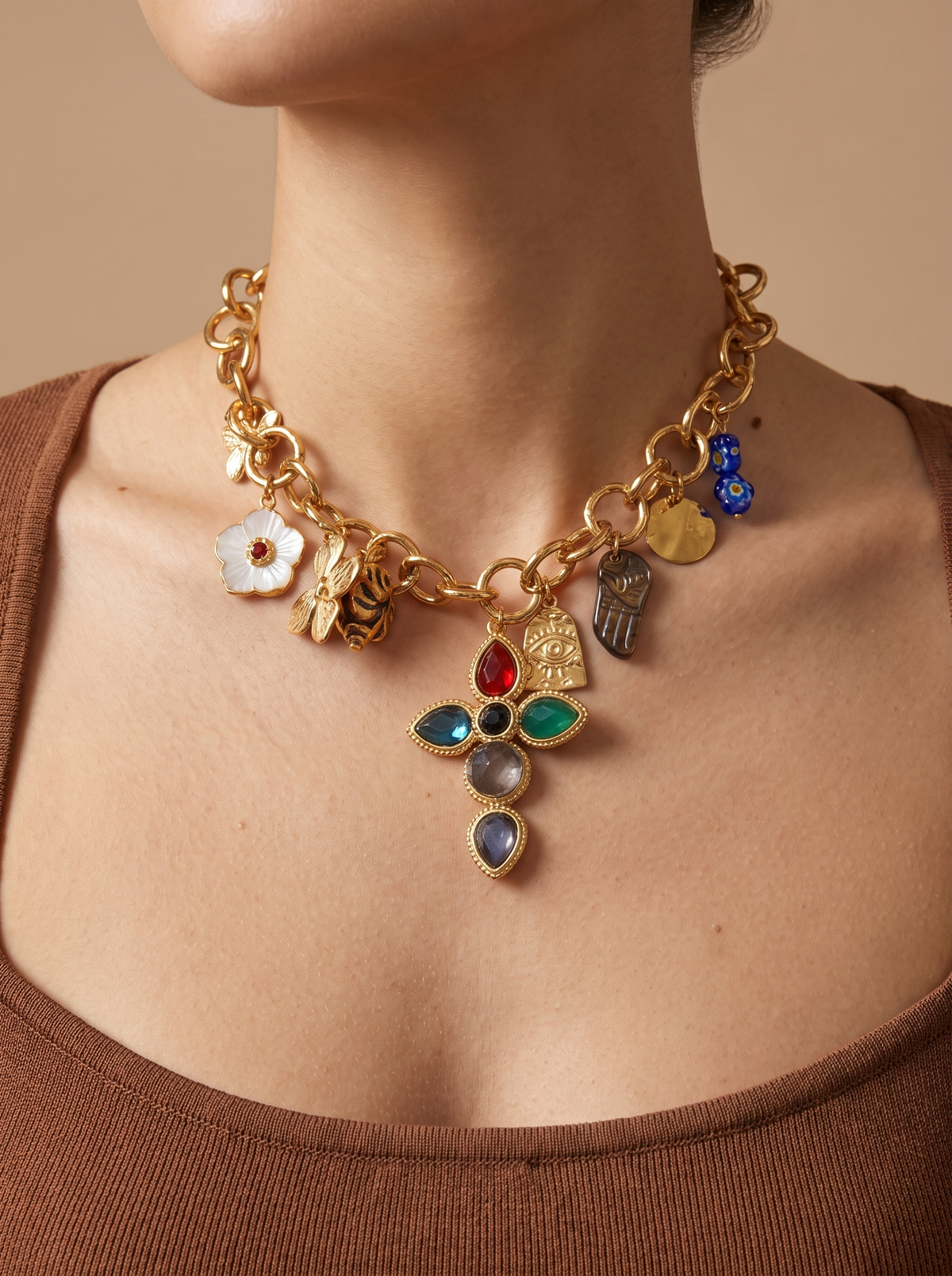 Gemstone Cross Charm Choker