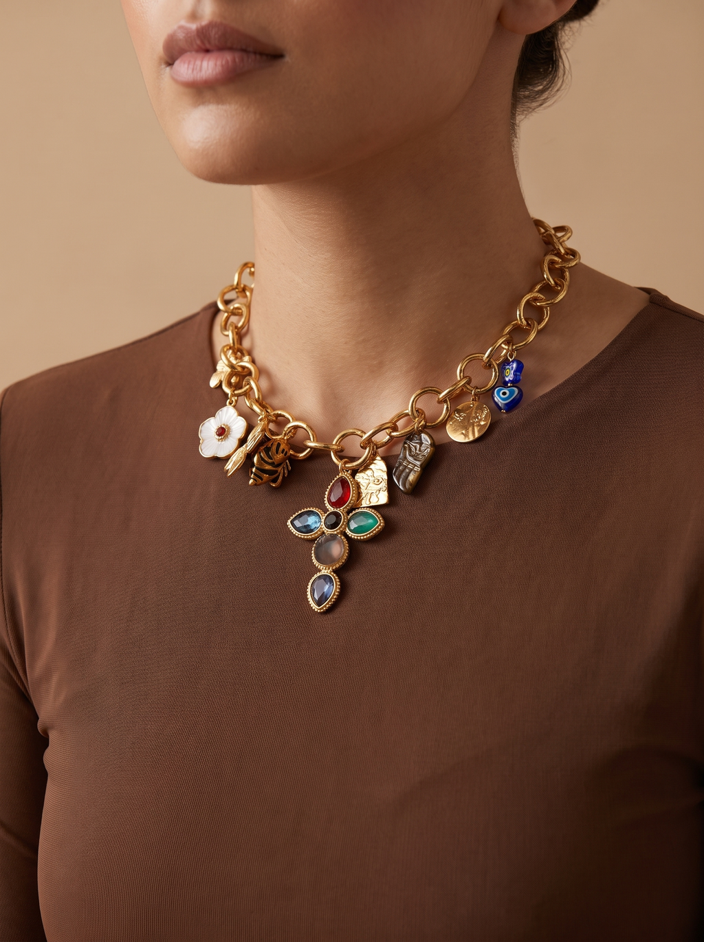 Gemstone Cross Charm Choker