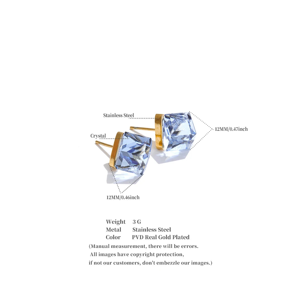 Multi-Color Shiny K9 Crystal Square Stud Earrings High Quality Stainless Steel Gold Color Popular Daily Jewelry