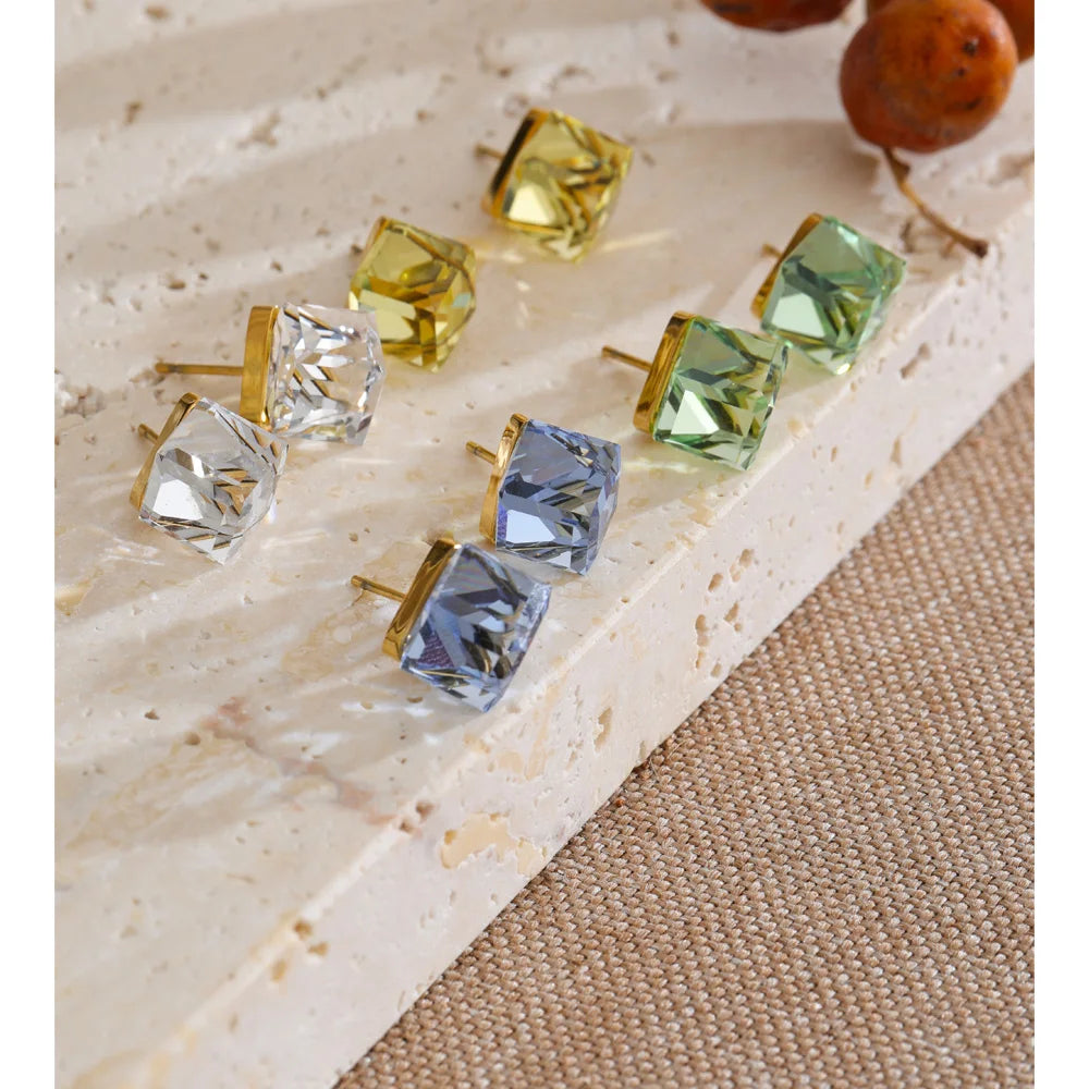 Multi-Color Shiny K9 Crystal Square Stud Earrings High Quality Stainless Steel Gold Color Popular Daily Jewelry