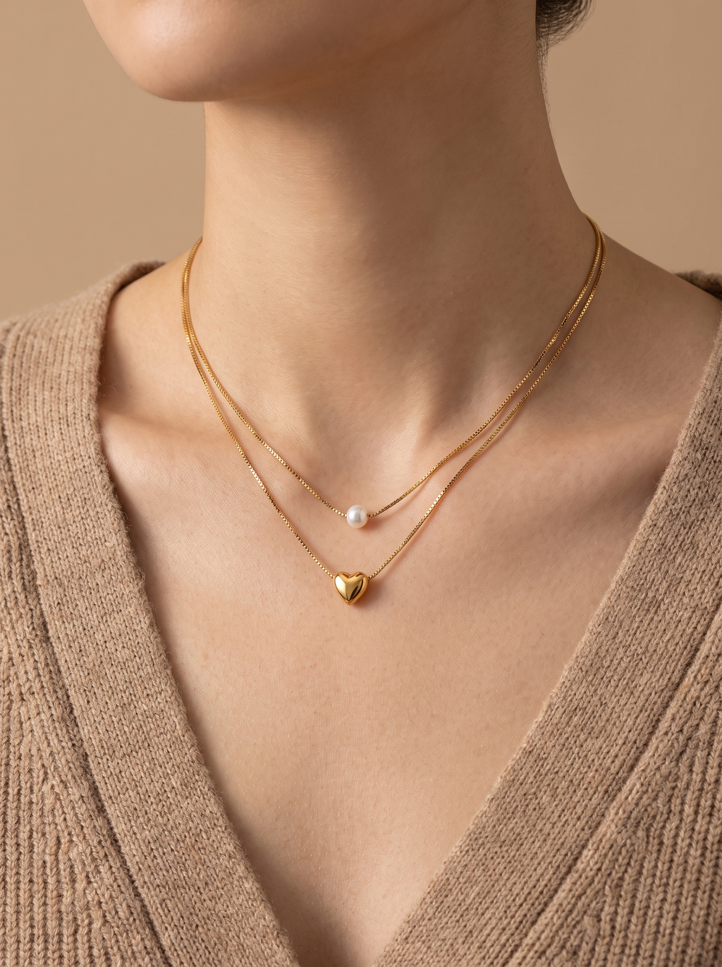Double-Layer Pearl Heart Necklace