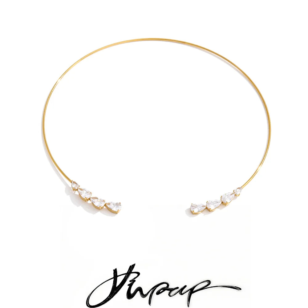 Stainless Steel Cubic Zirconia Torques Necklace for Women Summer Delicate Trending Arrivals Aesthetic Golden Jewelry