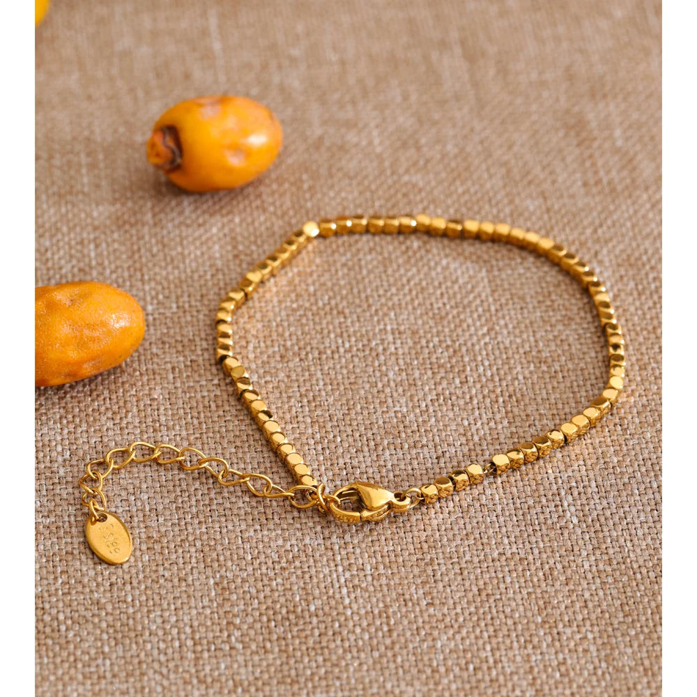Stainless Steel Polished Square Beads Chain Bracelet Bangle for Women Trendy Handmade Fashion Wrist Jewelry Accessories