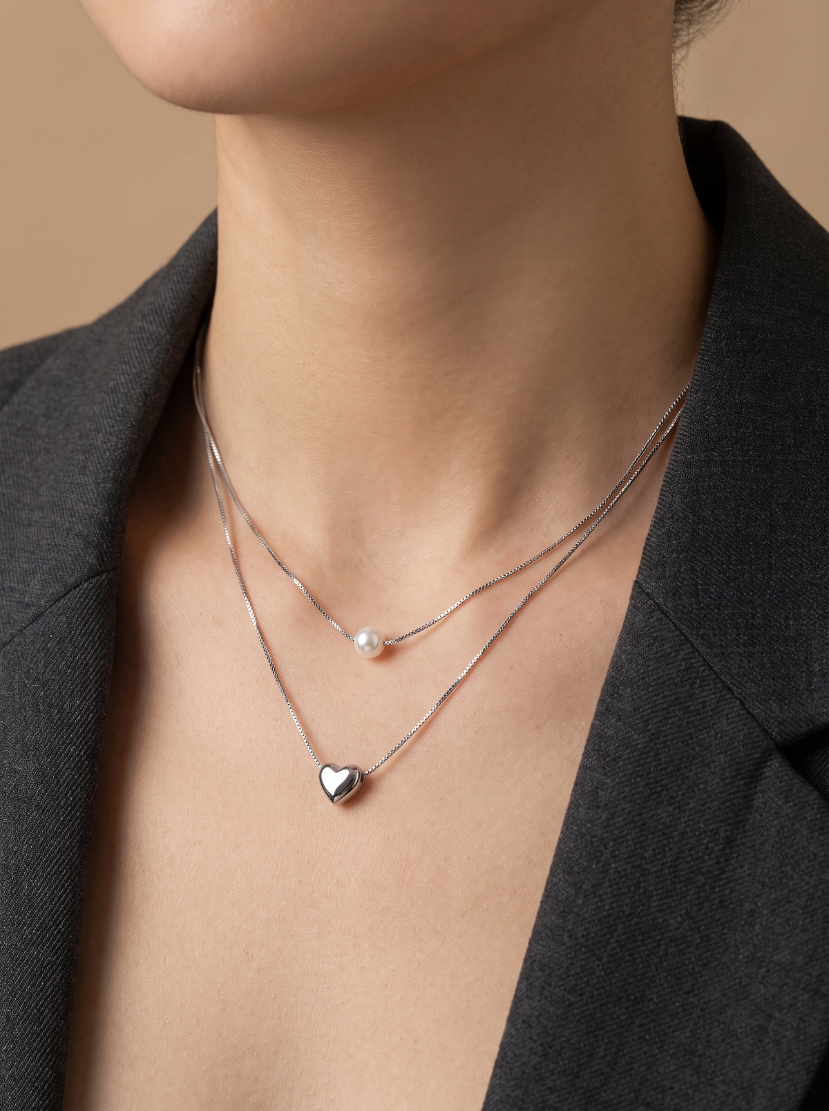 Double-Layer Pearl Heart Necklace