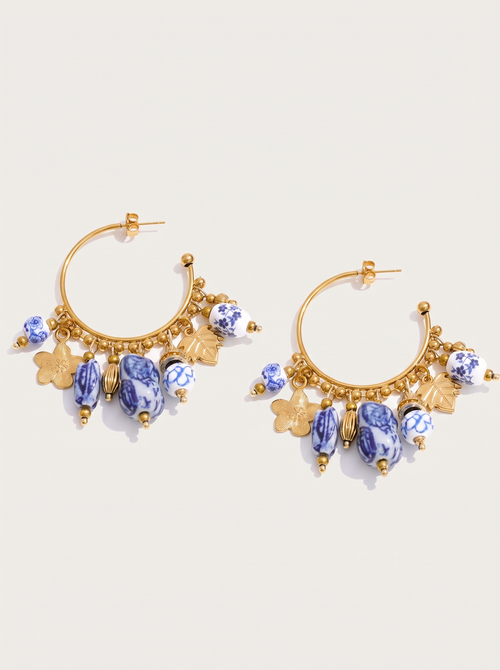 Ceramic Flower Charm Hoop Earrings