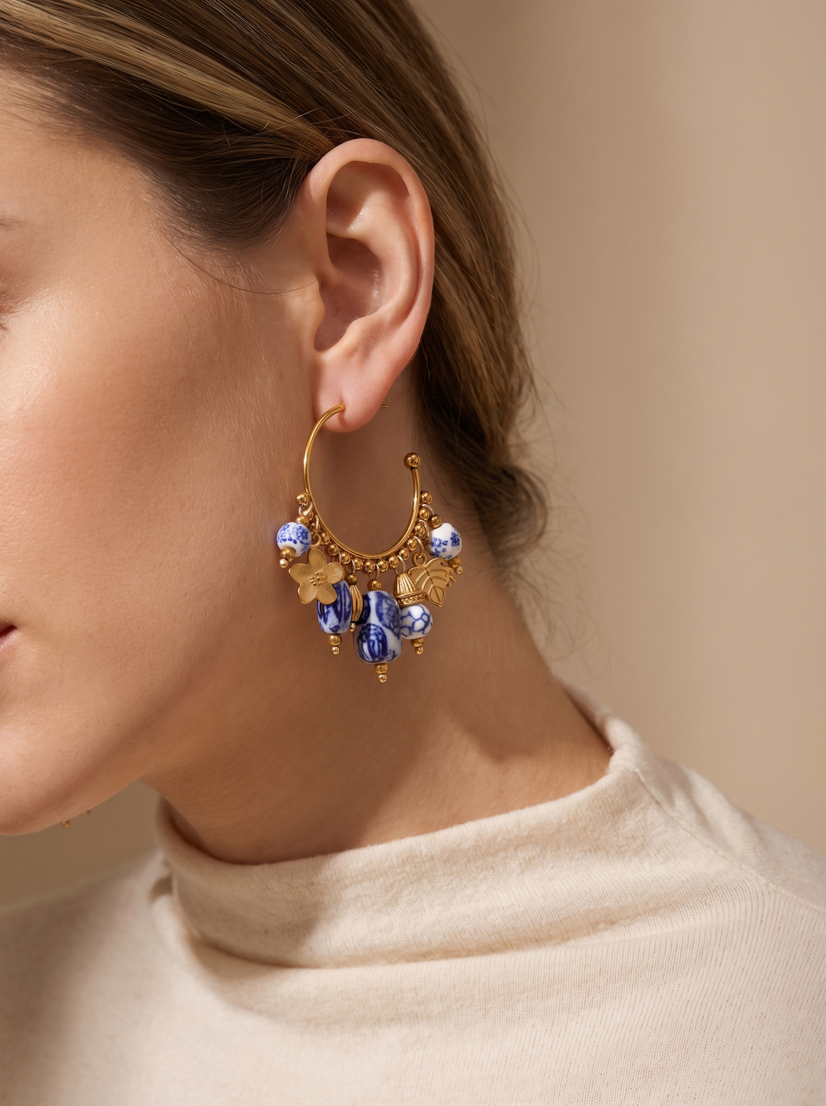 Ceramic Flower Charm Hoop Earrings