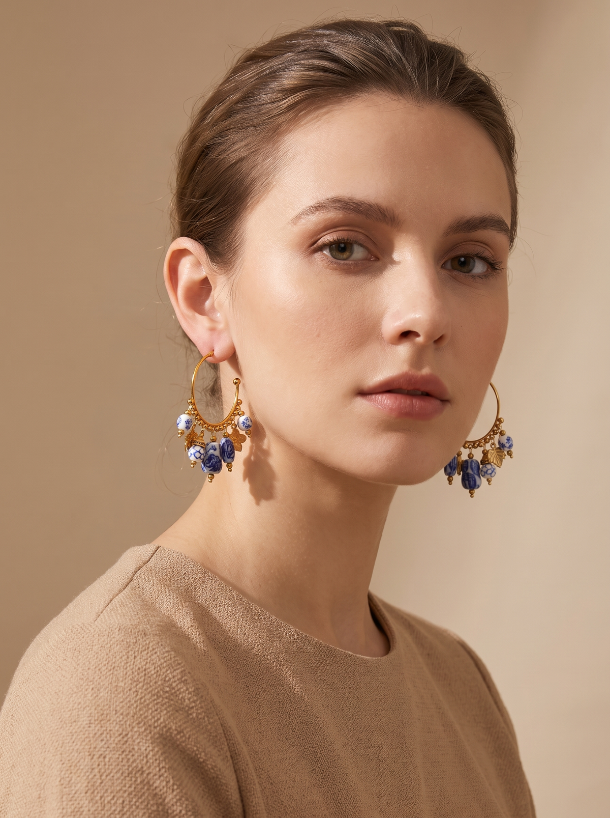 Ceramic Flower Charm Hoop Earrings