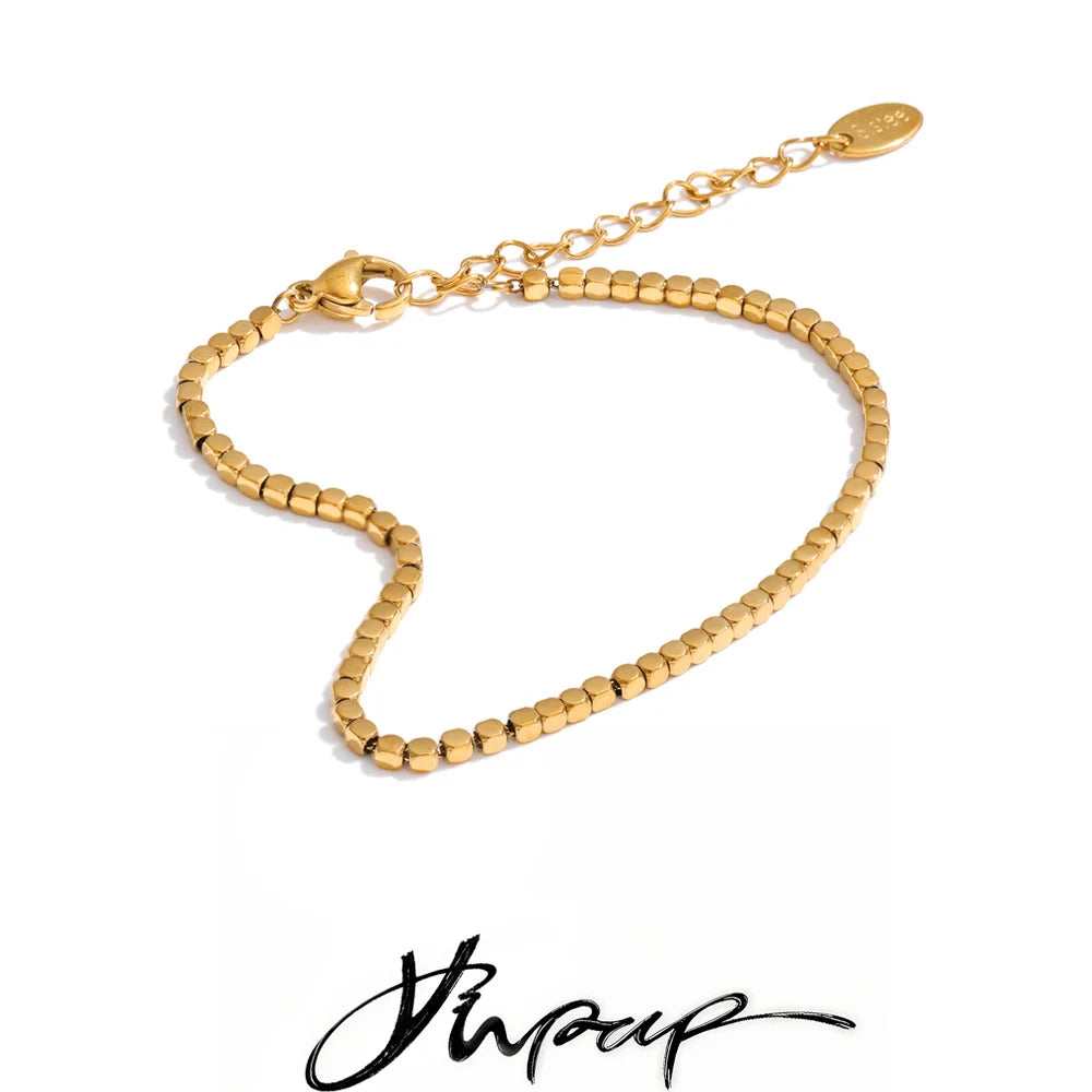 Stainless Steel Polished Square Beads Chain Bracelet Bangle for Women Trendy Handmade Fashion Wrist Jewelry Accessories