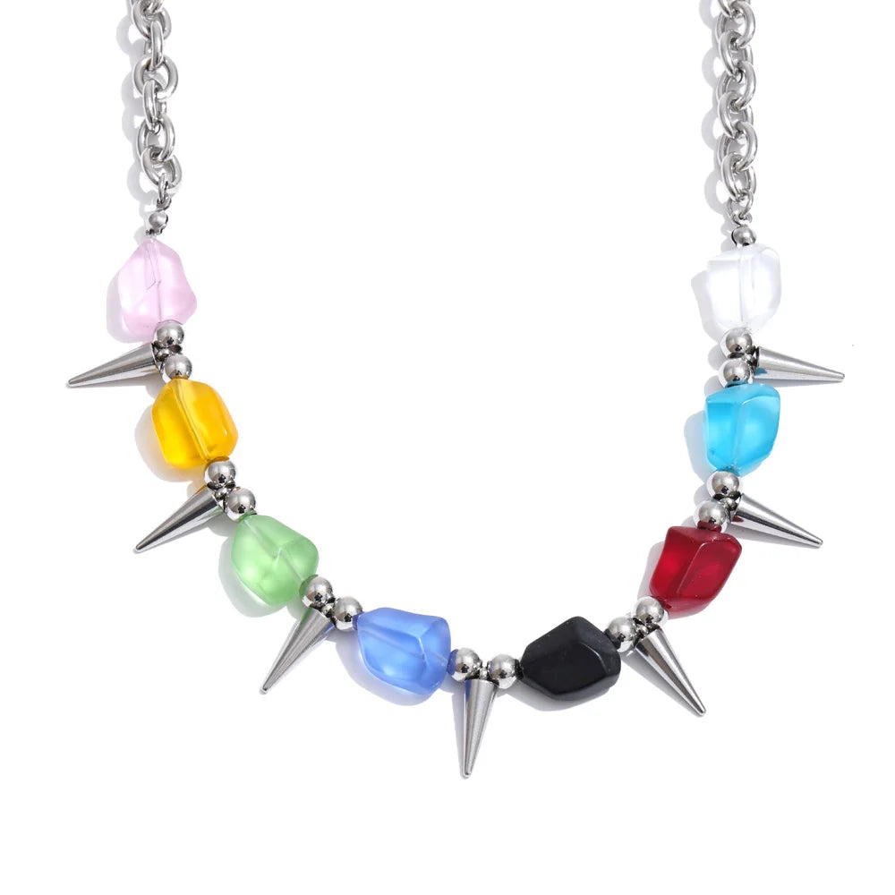 2026 Arrivals Stainless Steel Colorful Acrylic Rivet Drop Necklace Hip-Hop Nightclub Party Wear Unisex Jewelry