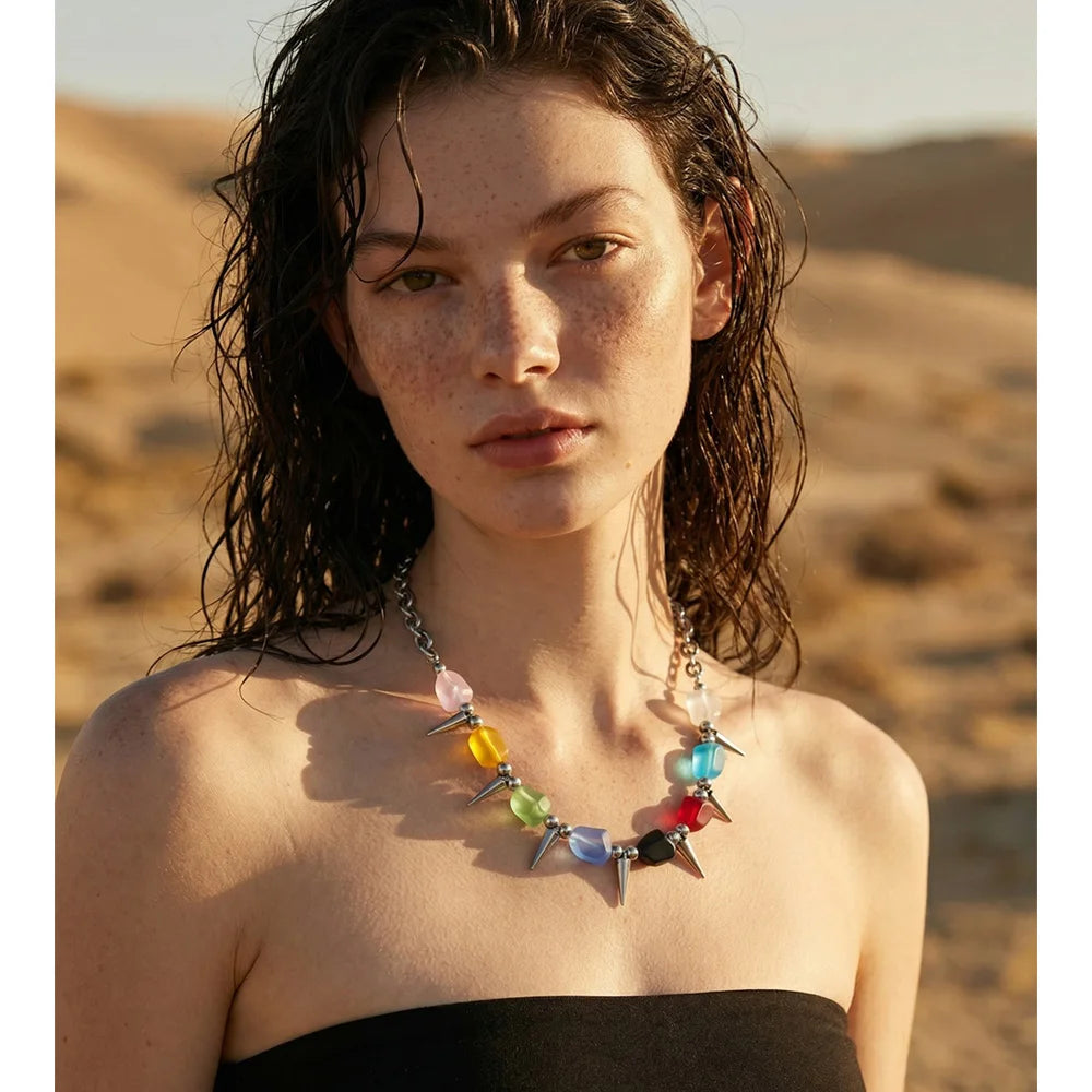 2026 Arrivals Stainless Steel Colorful Acrylic Rivet Drop Necklace Hip-Hop Nightclub Party Wear Unisex Jewelry