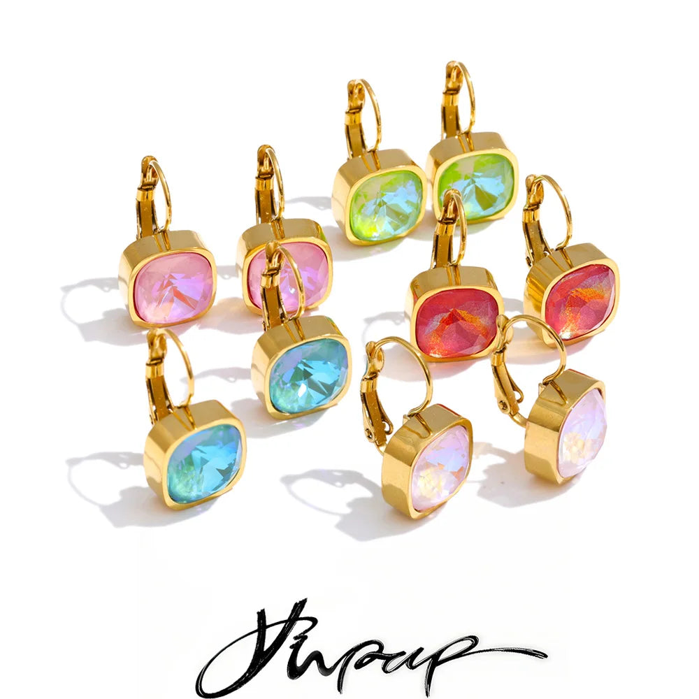 Stainless Steel Multi-Color Square Crystal Hoop Earrings PVD Plated Y2K Candy Fashion Waterproof Jewelry 2026 New Arrivals