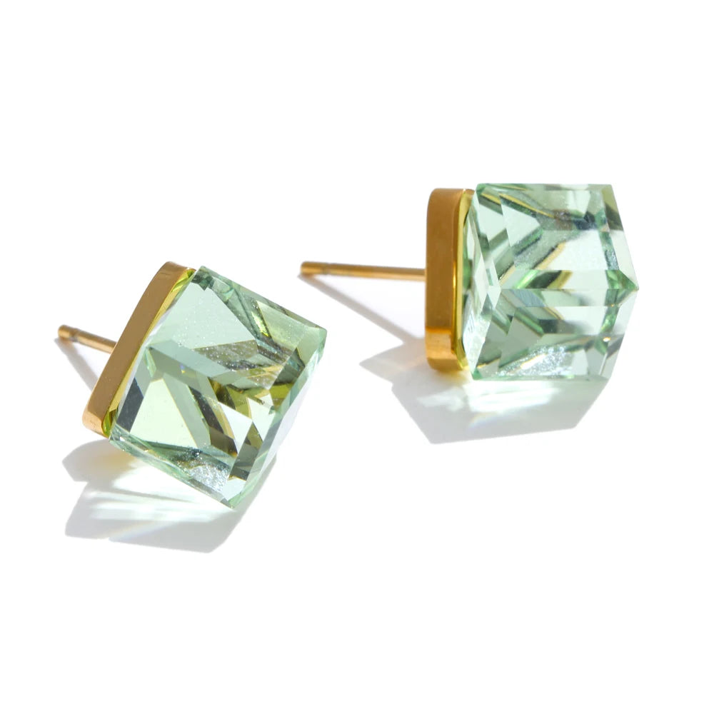 Multi-Color Shiny K9 Crystal Square Stud Earrings High Quality Stainless Steel Gold Color Popular Daily Jewelry