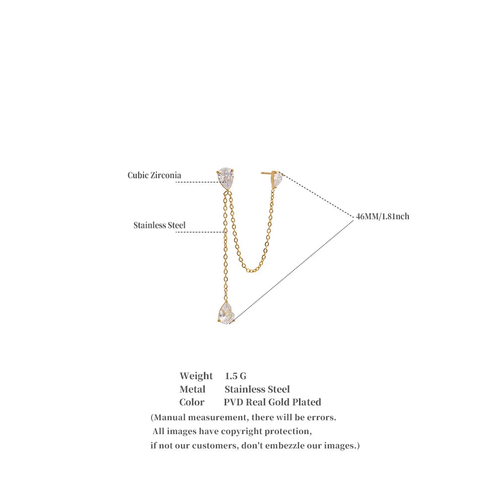 1PC Stainless Steel Cubic Zirconia Chain Drop Earrings High Quality Dainty Fashion Prom Jewelry Waterproofs