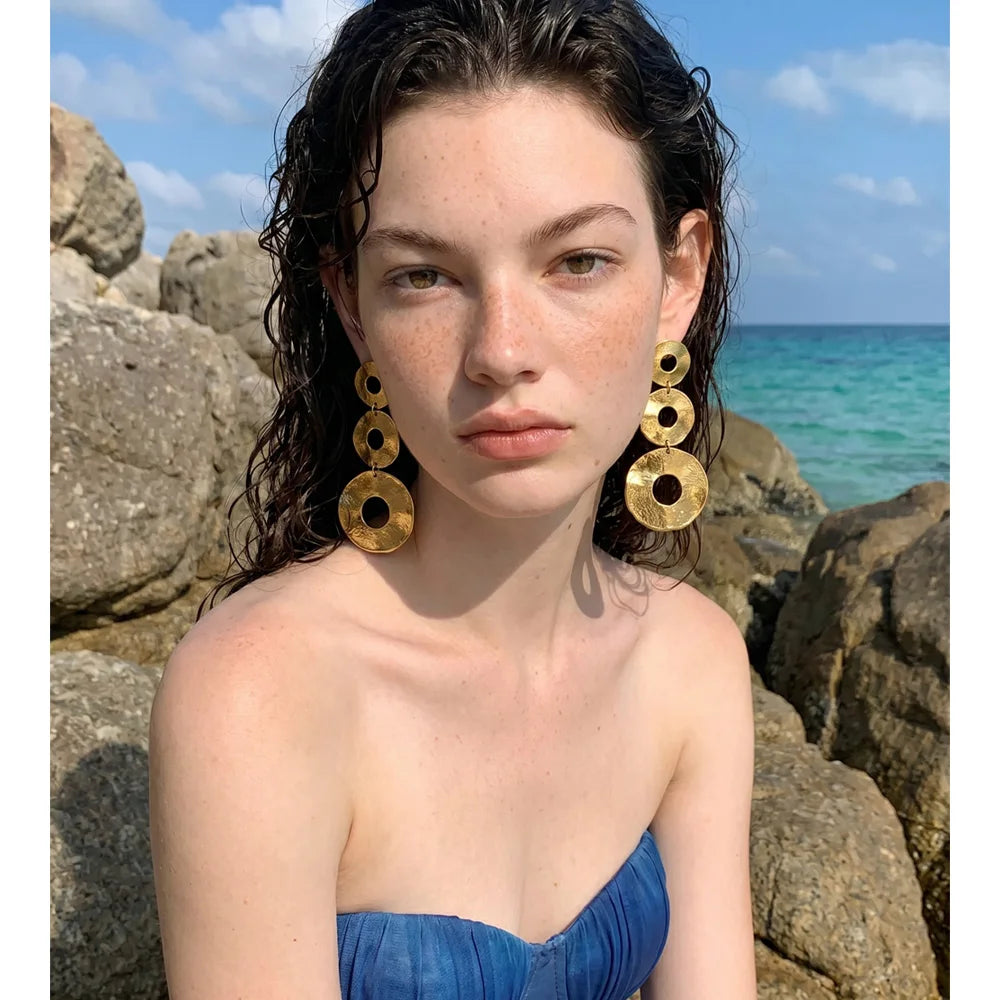 Stainless Steel Metal round Hollow Long Drop Earrings 18K Gold Color PVD Plated Daily Fashion Charm Jewelry Wholesale