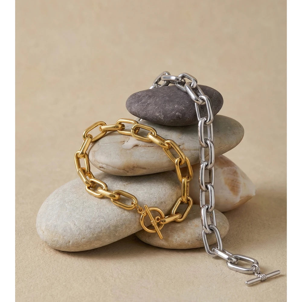 Stainless Steel Chain Bracelet Bangle Tarnish Resistant Metal Texture Toggle-Clasps Individualistic Wrist Jewelry