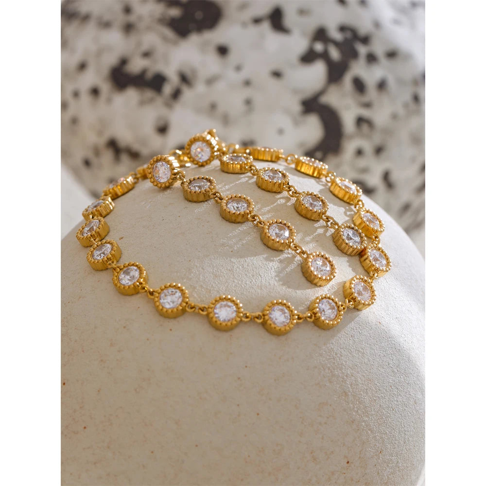 Delicate Stainless Steel Shiny Cubic Zirconia round Chain Bracelet Bangle Earrings High Quality Temperament Jewelry Gift