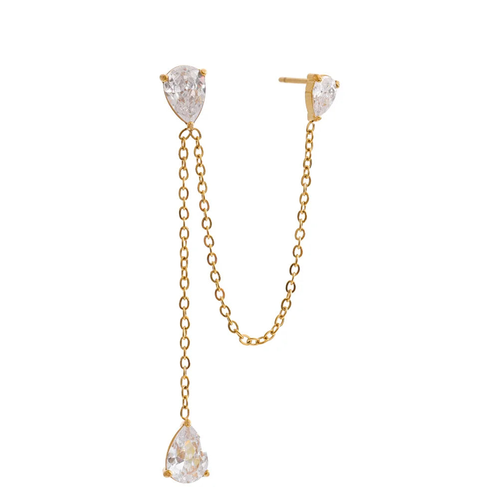 1PC Stainless Steel Cubic Zirconia Chain Drop Earrings High Quality Dainty Fashion Prom Jewelry Waterproofs