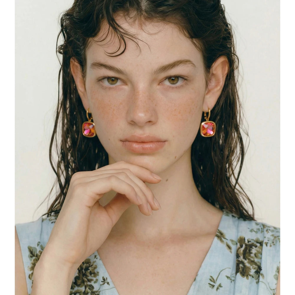 Stainless Steel Multi-Color Square Crystal Hoop Earrings PVD Plated Y2K Candy Fashion Waterproof Jewelry 2026 New Arrivals