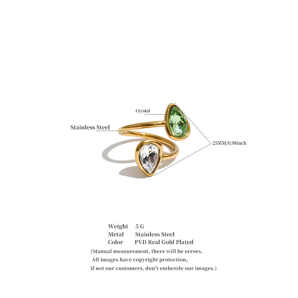 Stainless Steel Adjustable Open Rings Water Drop Cubic Zirconia PVD Plated Trendy Finger Jewelry Accessories