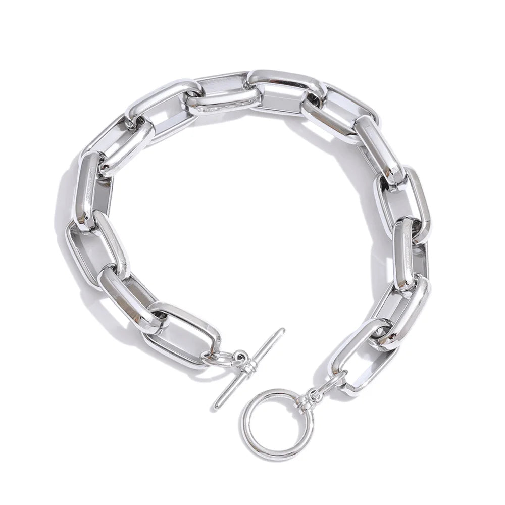Stainless Steel Chain Bracelet Bangle Tarnish Resistant Metal Texture Toggle-Clasps Individualistic Wrist Jewelry