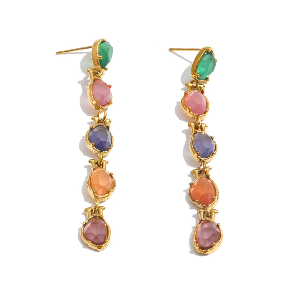Stainless Steel Multicolor Stone Dangle Earrings 18K Gold Color PVD Plated Long Exquisite Charm Jewelry
