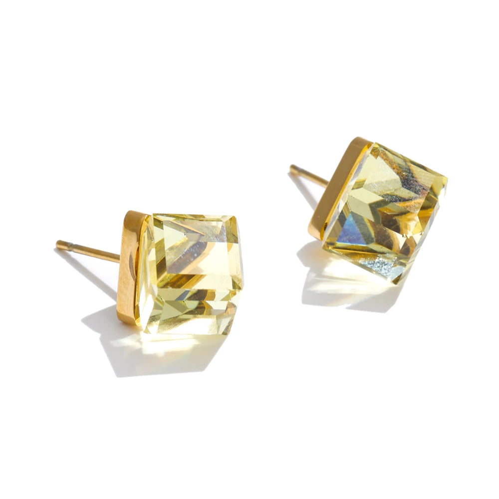 Multi-Color Shiny K9 Crystal Square Stud Earrings High Quality Stainless Steel Gold Color Popular Daily Jewelry
