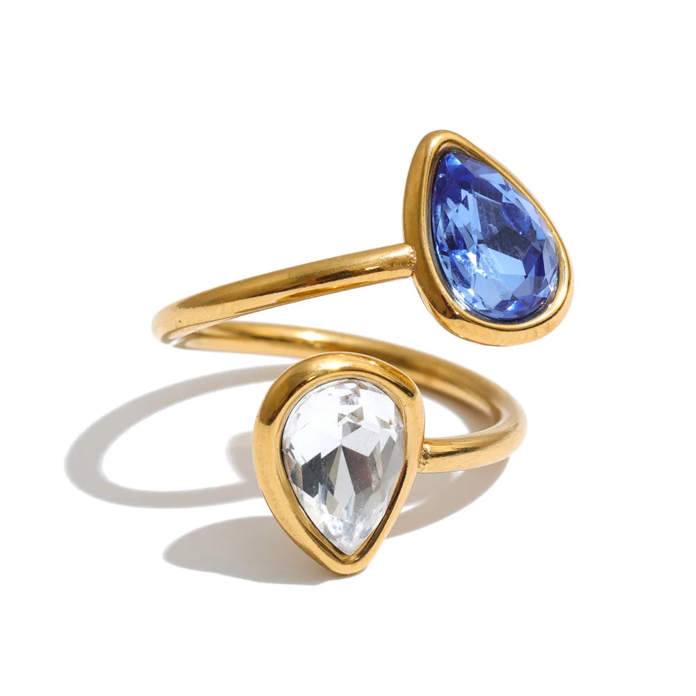 Stainless Steel Adjustable Open Rings Water Drop Cubic Zirconia PVD Plated Trendy Finger Jewelry Accessories