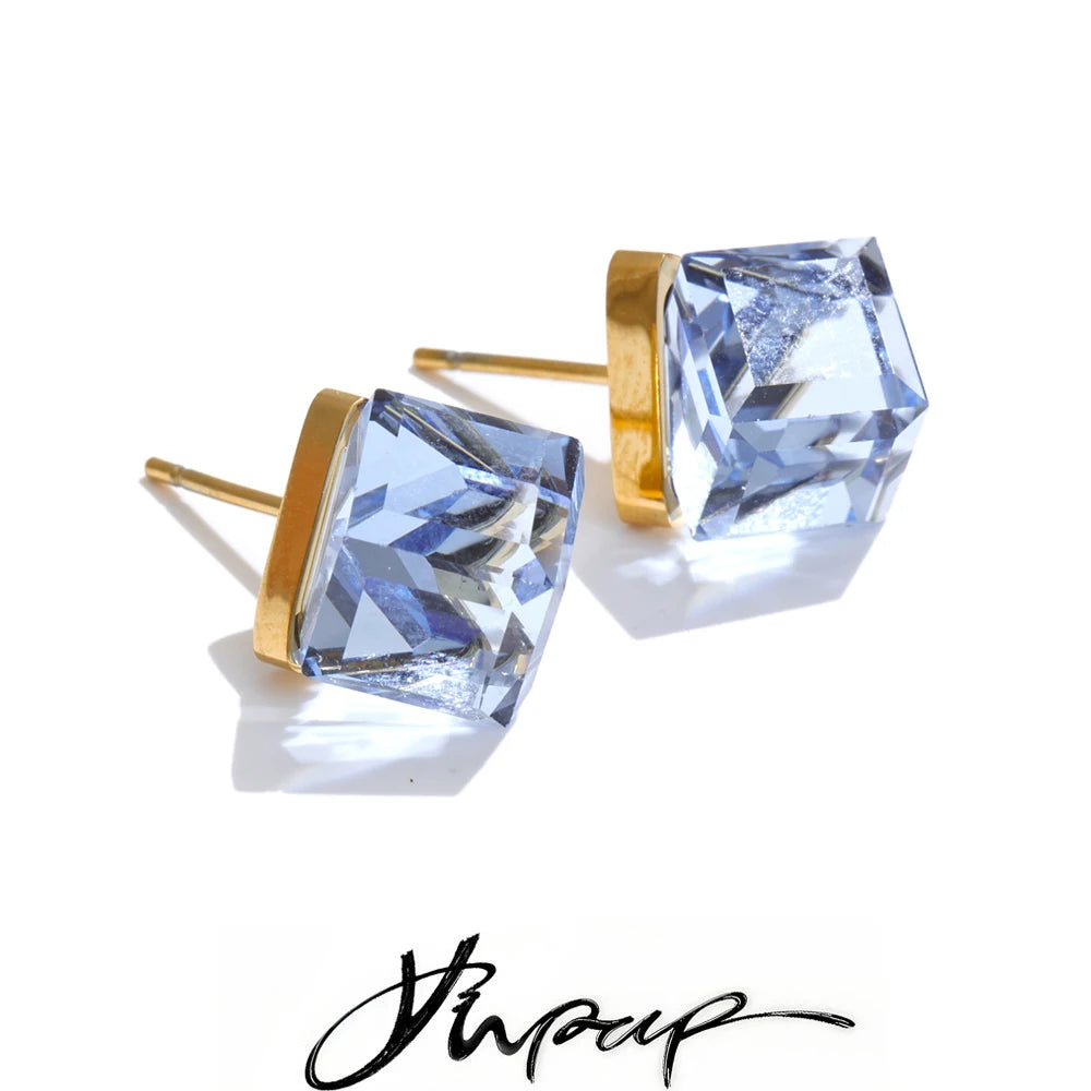 Multi-Color Shiny K9 Crystal Square Stud Earrings High Quality Stainless Steel Gold Color Popular Daily Jewelry