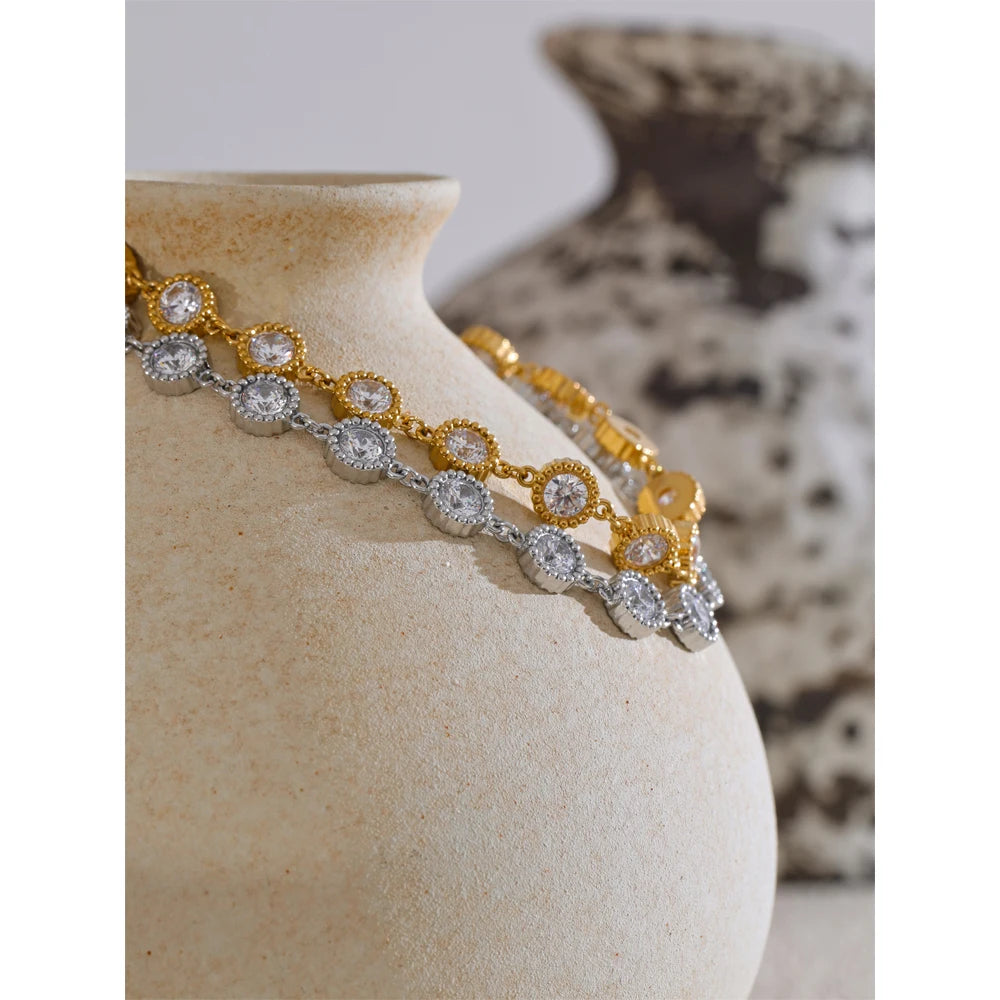 Delicate Stainless Steel Shiny Cubic Zirconia round Chain Bracelet Bangle Earrings High Quality Temperament Jewelry Gift