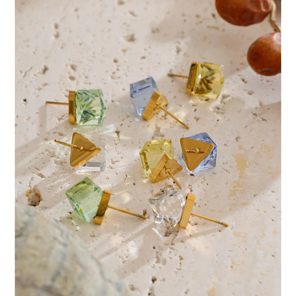 Multi-Color Shiny K9 Crystal Square Stud Earrings High Quality Stainless Steel Gold Color Popular Daily Jewelry