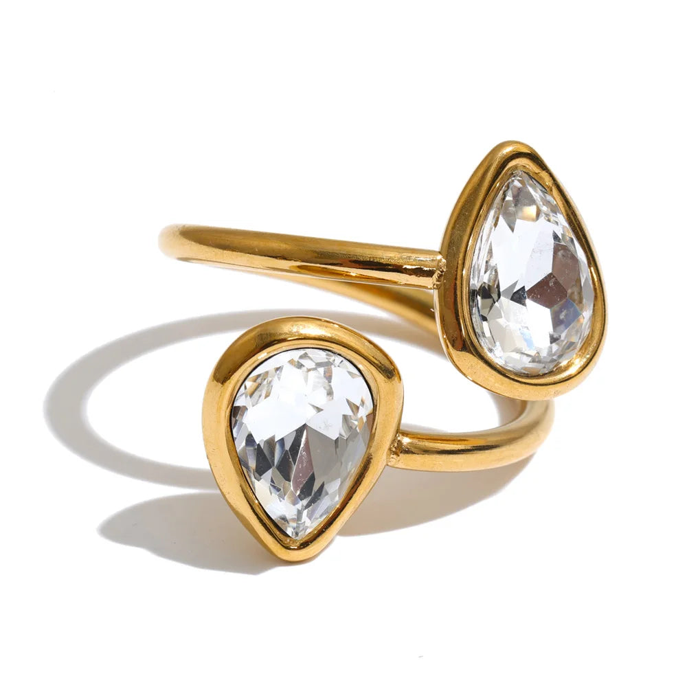 Stainless Steel Adjustable Open Rings Water Drop Cubic Zirconia PVD Plated Trendy Finger Jewelry Accessories