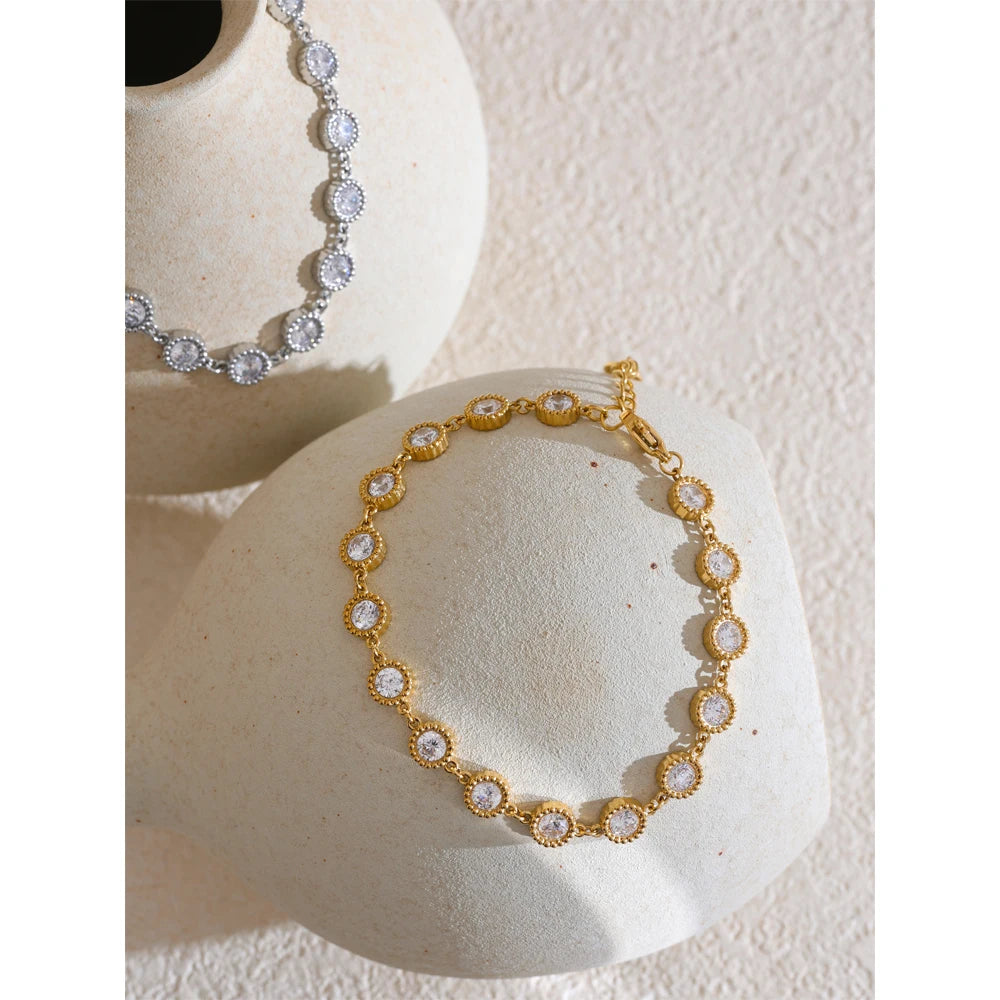 Delicate Stainless Steel Shiny Cubic Zirconia round Chain Bracelet Bangle Earrings High Quality Temperament Jewelry Gift