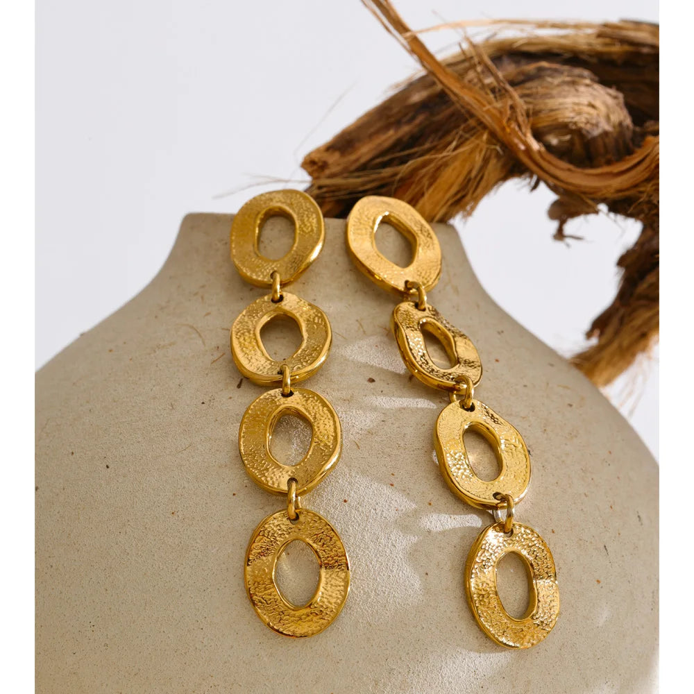 Stainless Steel Metal round Hollow Long Drop Earrings 18K Gold Color PVD Plated Daily Fashion Charm Jewelry Wholesale