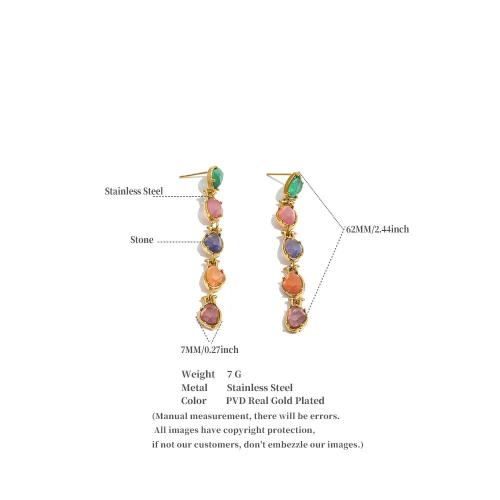 Stainless Steel Multicolor Stone Dangle Earrings 18K Gold Color PVD Plated Long Exquisite Charm Jewelry