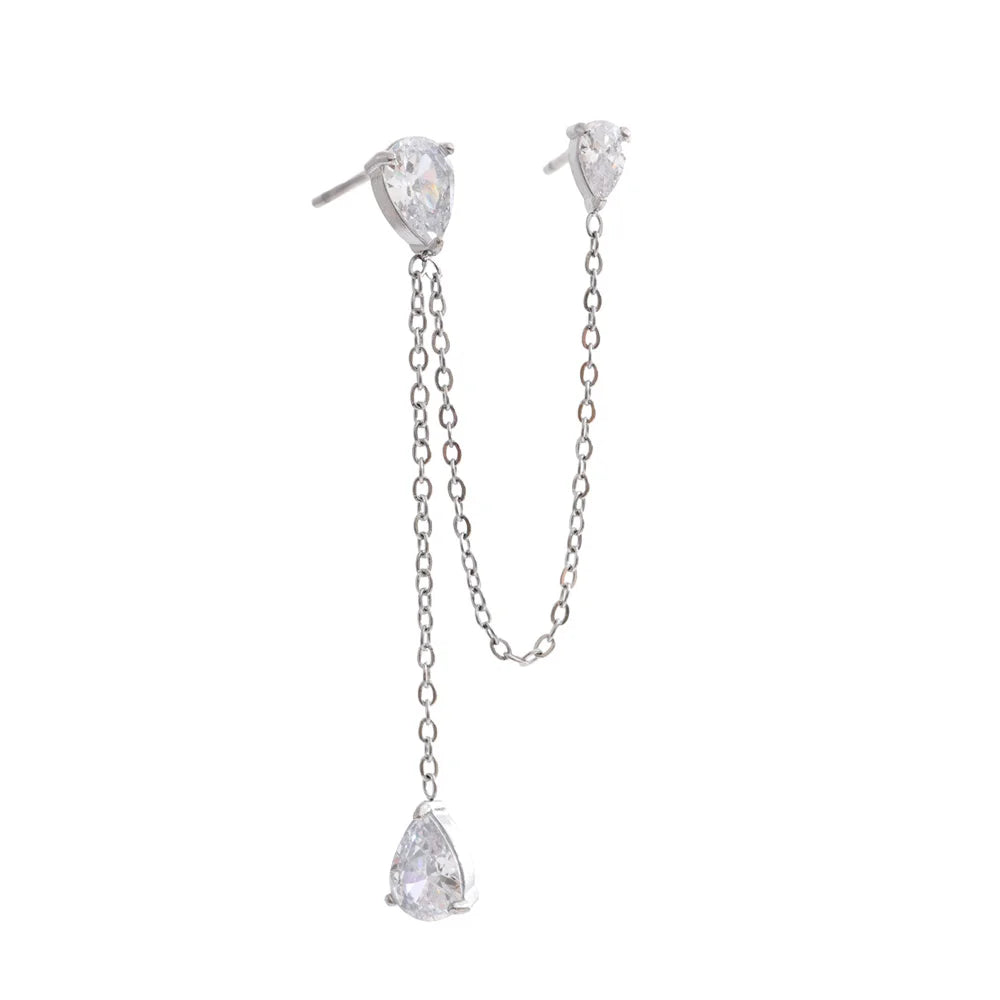 1PC Stainless Steel Cubic Zirconia Chain Drop Earrings High Quality Dainty Fashion Prom Jewelry Waterproofs