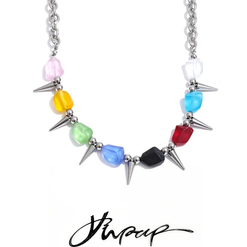 2026 Arrivals Stainless Steel Colorful Acrylic Rivet Drop Necklace Hip-Hop Nightclub Party Wear Unisex Jewelry